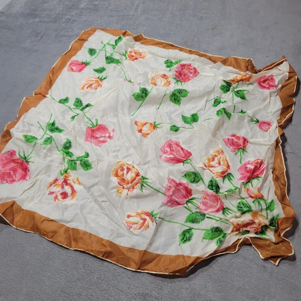 Sapphire Crepe Scarf Womens OS White Pink Floral Rose Hand Rolled Made‎ in Japan